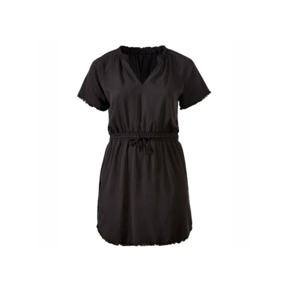 DEX Womens Black Drawstring Short Sleeve V Neck Above The Knee Sheath Dress M